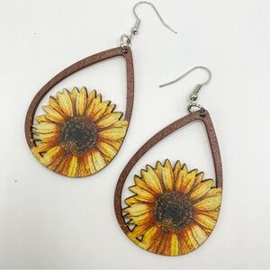 Wooden Sunflower Fall Thanksgiving Autumn Dangle Earrings